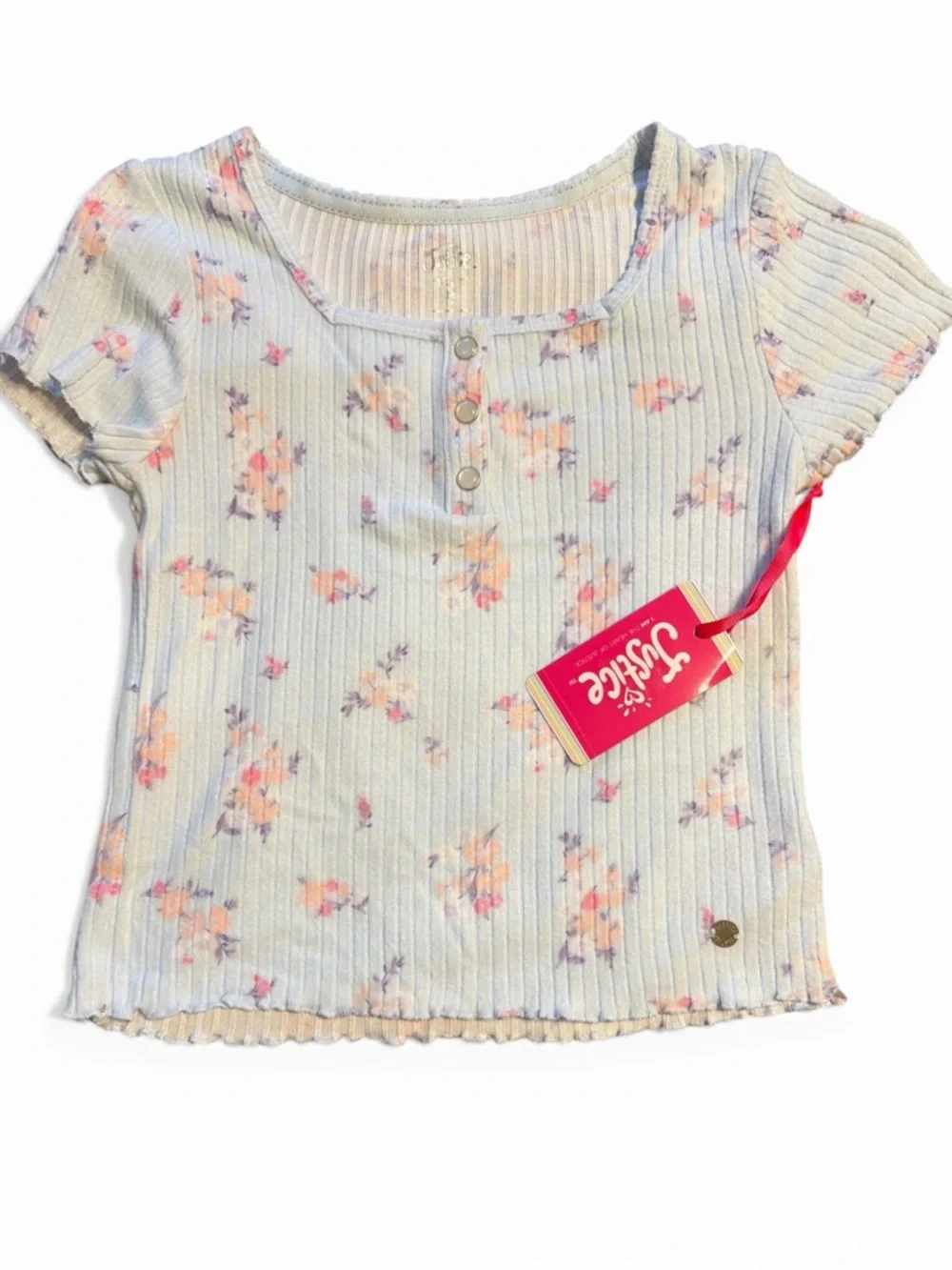 Justice Floral Kids Top Blue Cream and Pink Junior size Medium super soft